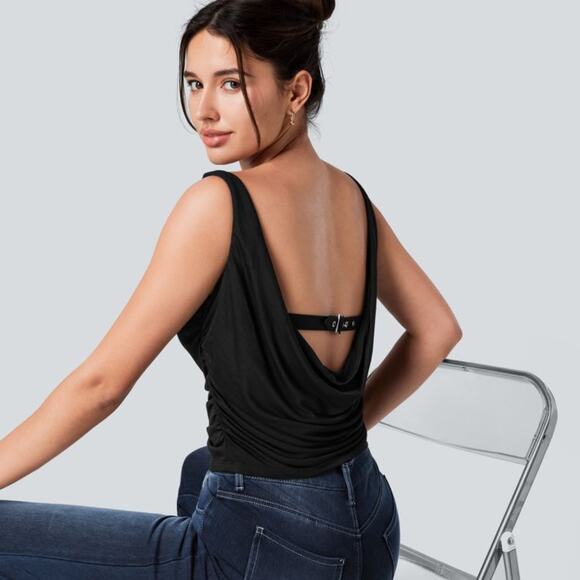 Halara Top Womens‎ Small Black Cowl Neck Draped Padded Knit Blouse Gothic Grunge - Picture 2 of 10